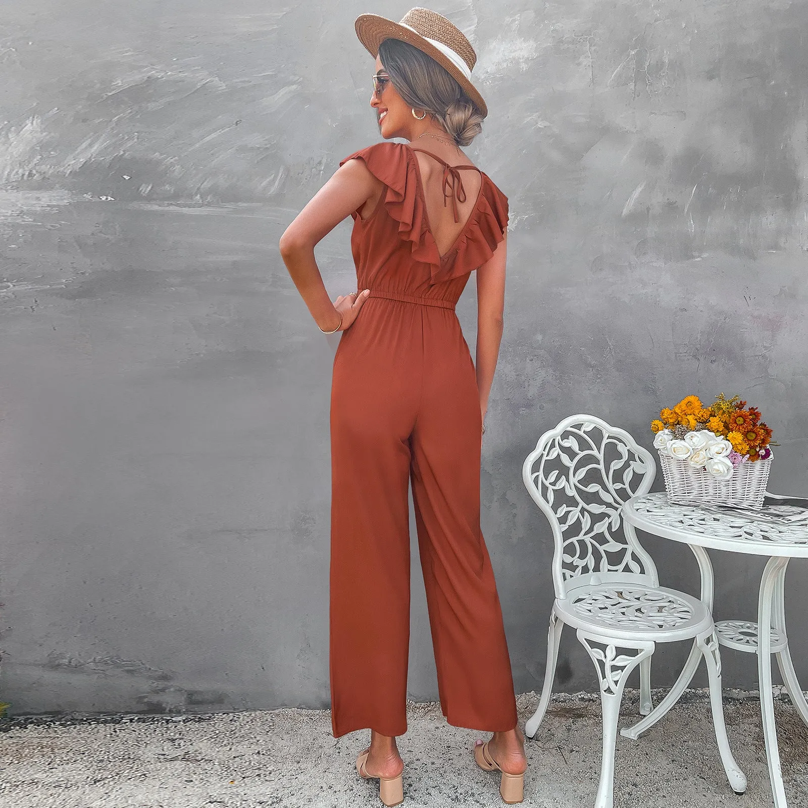 Ruffled V-Neck Jumpsuit - Fern and Oak