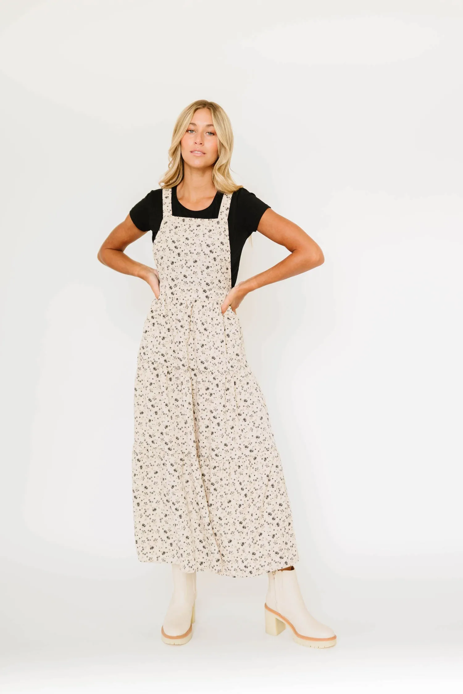 Shay Overall Dress in Black Floral Taupe