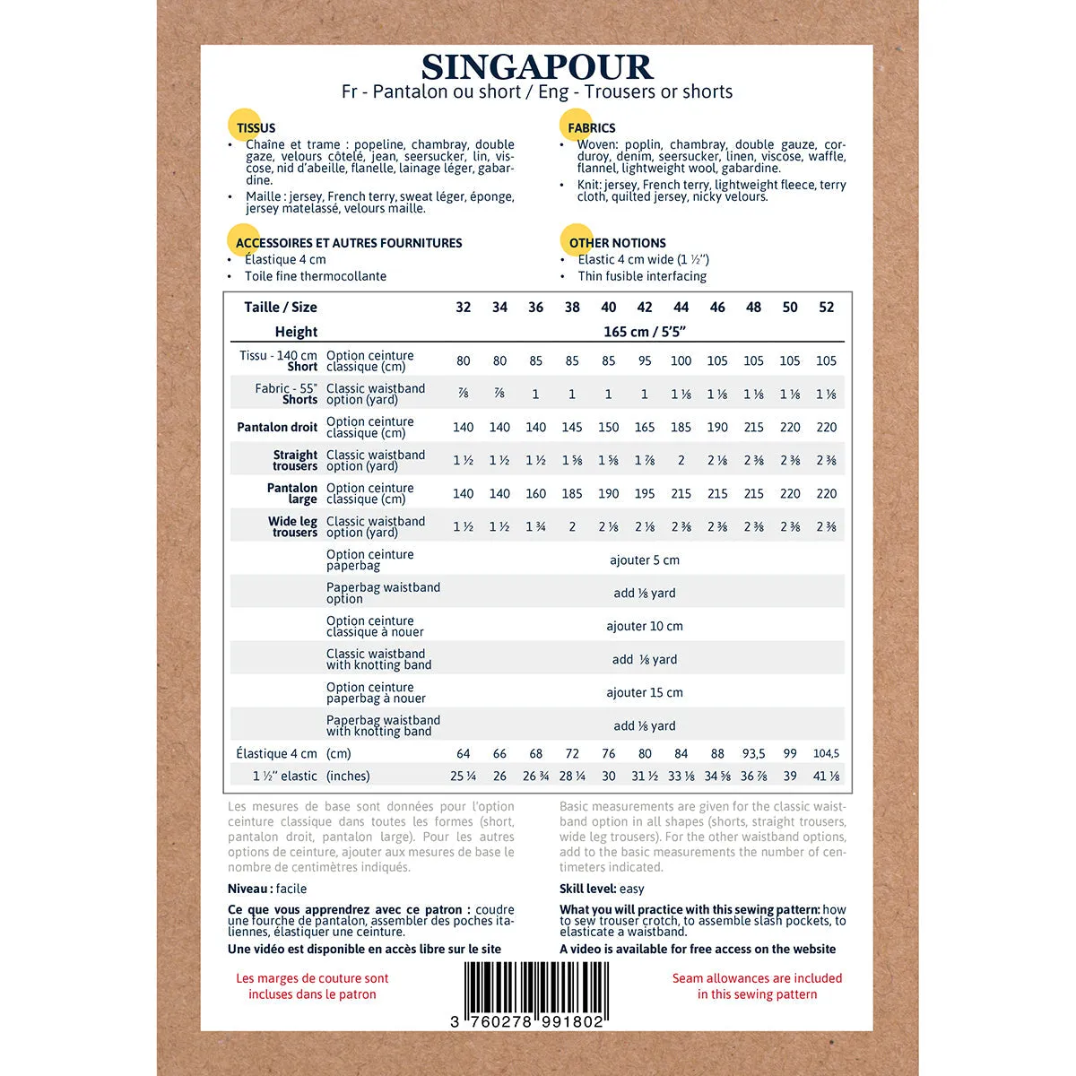 SINGAPOUR - Trousers and shorts - Women 32-52 - Paper Sewing Pattern