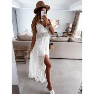 Sleeveless See Through Hollow Lace Wide Sling Rompers