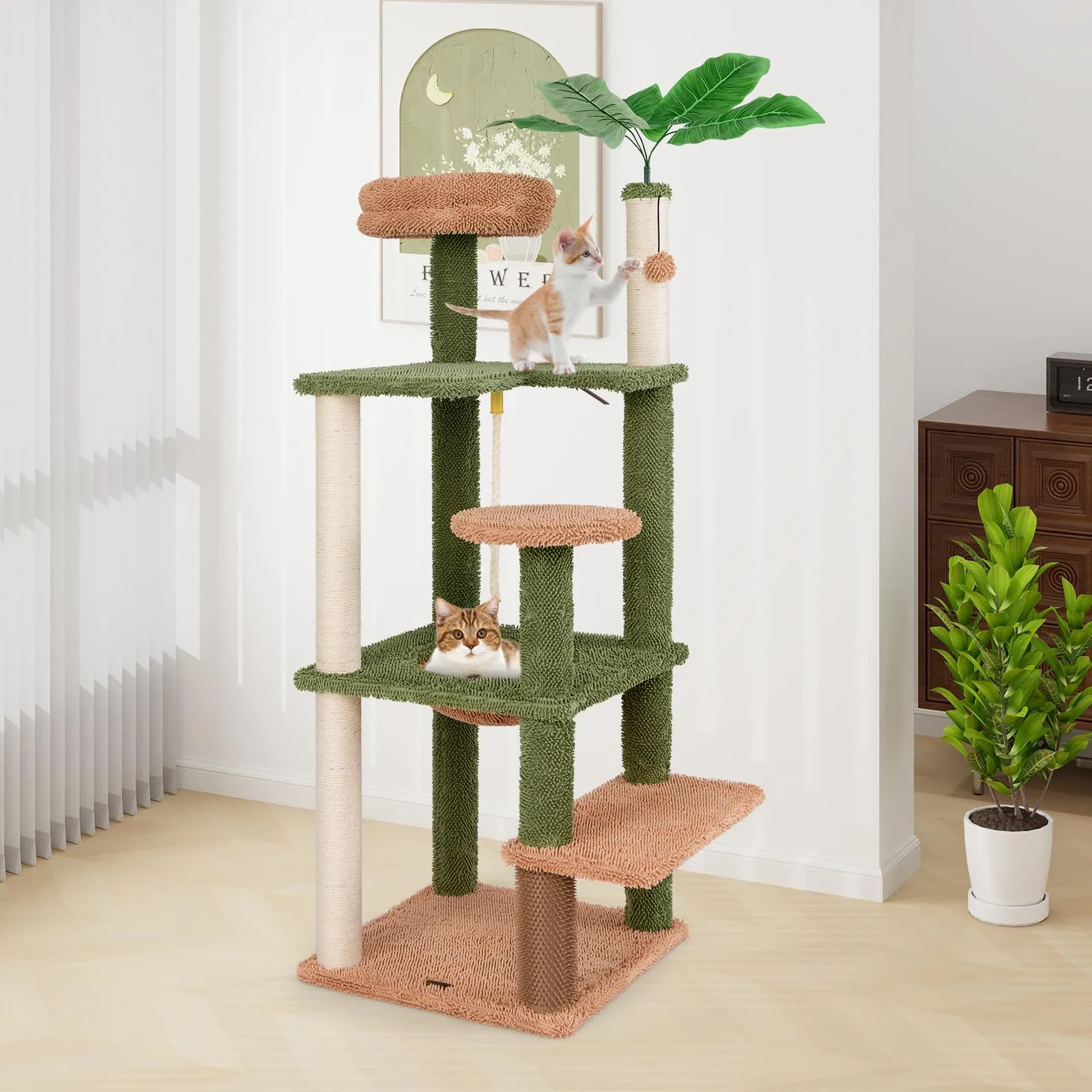 Tangkula Plant Cat Tree, 60 Inch Green Aesthetic Cat Tower with Sisal Scratching Posts