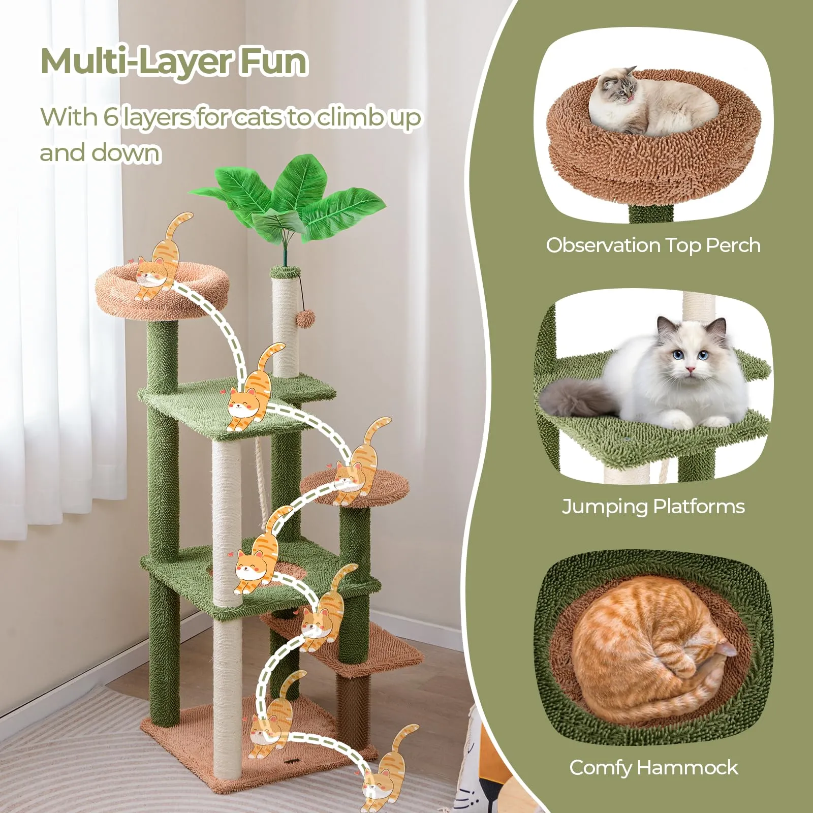 Tangkula Plant Cat Tree, 60 Inch Green Aesthetic Cat Tower with Sisal Scratching Posts