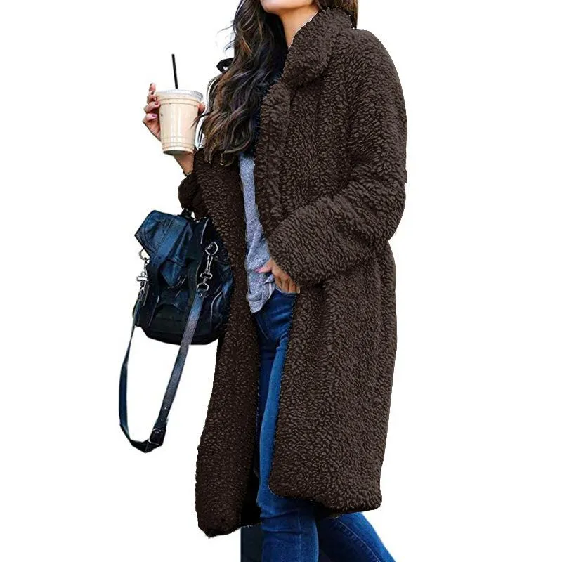 Women Plus Size Turn-down Collar Long Teddy Coat